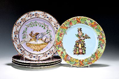 Fünf Teller, Rosenthal, Versace,, 20. Jh., vier Wandteller aus der, Serie die vier Jahreszeiten und ein Teller Peace of World, Porzellan, D. 30.5 cm