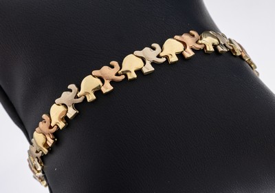 14 kt Gold Armband, GG/RG/WG 585/000, Glieder in Form von Elefanten, L. ca. 20 cm, Rüssel als Karabinerschließe, ca. 10.0 g