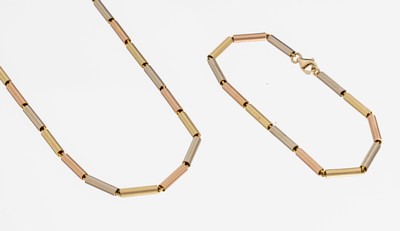 14 kt Gold Schmuckset, GG/WG/RG 585/000, best. aus: 1 Collier, L. ca. 36 cm, und 1 Armband, L. ca. 17 cm, Karabinerschließen, ca.22.2 g