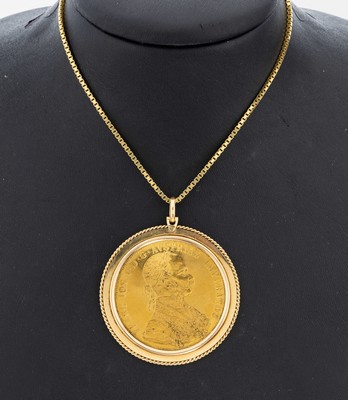 18 kt Gold Münzanhänger, GG 750/000, lose gefasste Goldmünze, 4 Dukat, Österreich- Ungarn, 1915 offizielle Nachprägung, schlichteRahmung, D. ...