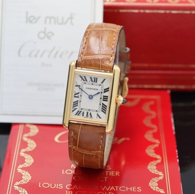 CARTIER Tank Damenarmbanduhr in GG 750/000 Referenz 2442, Schweiz um 2000, quarz, 2- teil. Geh., Boden 8-fach verschr., orig. Lederband m. orig. GG ...