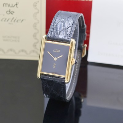 CARTIER Paris Tank Damenarmbanduhr in 925er Silber vergoldet Referenz 681006, Schweiz um 1990, quarz, Boden 4-fach verschr., orig. Lederband m. ...