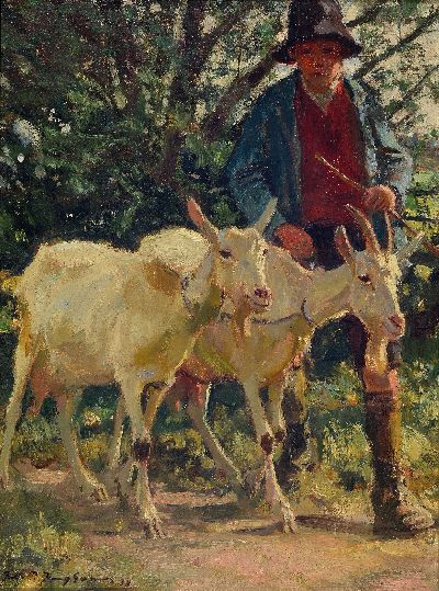 Julius Paul Junghanns, 1876 Wien-1953 Düsseldorf, junger Ziegenhirte mit Ziegenpaar, 1938, links unten signiert und datiert, Öl/Lwd, 40x30 cm, ...