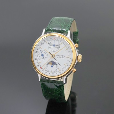 GEORGES GAY Armbandchronograph mit Vollkalender in Stahl/Gold, Schweiz um 1995, Automatik, beids. vergl. Geh., aufgedr. Boden u. Lünette verg., ...