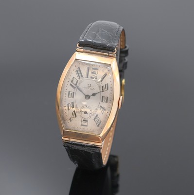 OMEGA große tonneauförmige Armbanduhr im russischem RG 583/000 Gehäuse, Schweiz um 1939, Handaufzug, Scharnierboden, silb. Zifferbl. m. arab. ...
