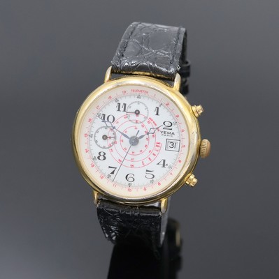 YEMA vergoldeter Armbandchronograph, Schweiz/Frankreich um 1985, Handaufzug, Stahlboden aufgedr., weißes Zifferbl. m. arab. Zahlen, gebl. Zeiger ...