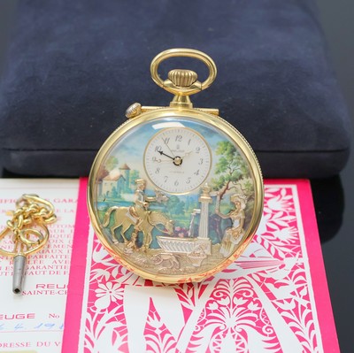 REUGE Taschenuhr mit Wecker-Spieluhr und Figurenautomat, Schweiz um 1990, verg. Geh., Rückdeckel m. grav. Musikinstrumenten, weißes Zifferbl. b. ...