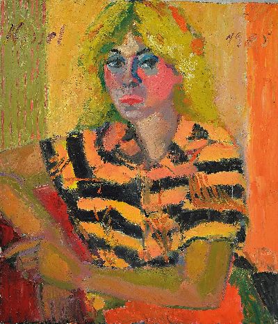 Gernot Kissel, 1939 Worms-2008 Römerberg, Frauenporträt, blonde Frau mit schwarz-gelb gestreifter Bluse, 1985 signiert und datiert, ungerahmt 80x70 ...