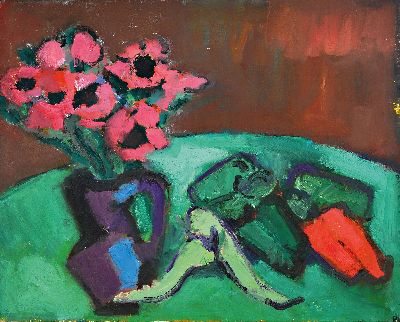 Gernot Kissel, 1939 Worms-2008 Römerberg, Stillleben mit Blumen und Paprika, Öl/Lwd, verso signiert, ungerahmt 65x80 cm
