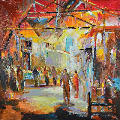Abbas Al-Mosawi, geb. 1952 Bahrain, "Arabischer Markt", Acryl/Lwd, signiert, ca. 90 x 90 cm, der Künstler ist einer der begehrtesten ...