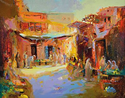 Abbas Al-Mosawi, geb. 1952 Bahrain, "Arabischer Markt", Acryl/Lwd, signiert, ca. 80 x 100cm, der Künstler ist einer der begehrtesten ...