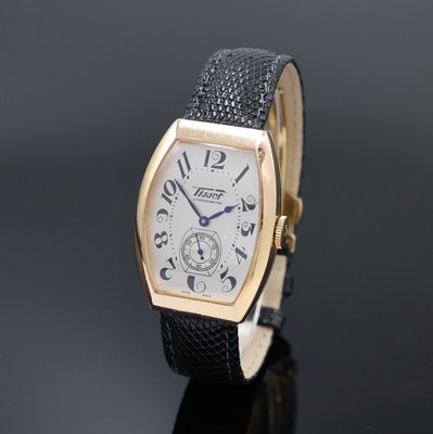 TISSOT seltene, auf 666 Stück Chronometer Herrenarmbanduhr Porto in RG 750/000, Schweiz um 2000, Handaufzug, tonneauförmiges Geh., Lederband m. ...