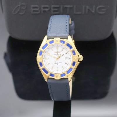BREITLING Lady J Damenarmbanduhr in GG 750/000 Referenz K52065, Schweiz um 1995, quarz, Boden u. Krone verschr., Lünette m. 60er Teilung eins. rast. ...