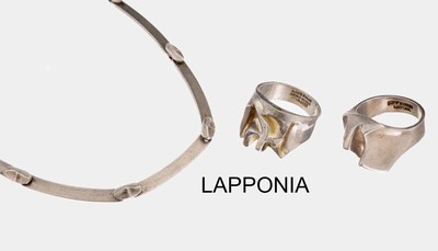 LAPPONIA Konvolut, 925er Silber, best. aus:1 Collier, 1978, L. ca. 39 cm, Knebelschließe,1 Ring, 1973, RW 54, und 1 Ring, 1981, RW 55, sign., typ. ...
