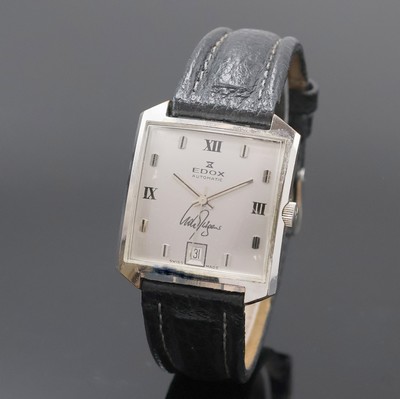 EDOX Herrenarmbanduhr Armbanduhr, Automatik, Schweiz um 1968, verchr. Geh., Edelstahlboden aufgedr., silb. Zifferbl. m. aufges. Std.- Ind. und ...