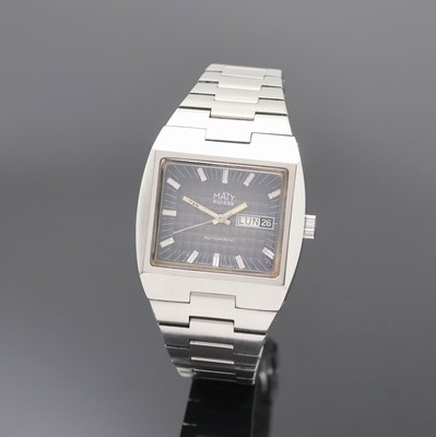 MATY Herrenarmbanduhr, Automatik, Schweiz um 1972, massives monocoque Edelstahlgeh. inkl. orig. Gliederband m. Faltschl., graues Fume- ...
