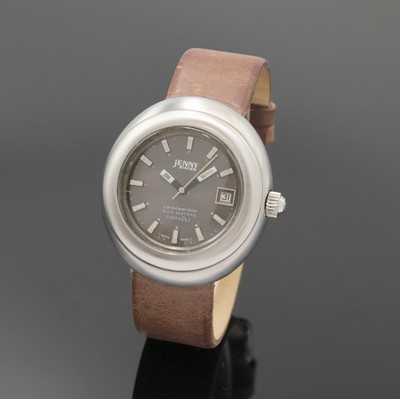 JENNY Caribbean 500 seltene Herrenarmbanduhr, Automatik, Schweiz um 1975, monocoque-Edelstahlgeh., Krone verschr., graues Zifferbl. m. aufgel. ...