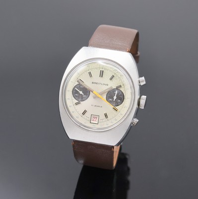 BREITLING Armbandchronograph in Stahl, Handaufzug, Schweiz um 1970, tonneauförmiges Edelstahlgeh., Boden verschr., silb. Zifferbl. m. aufgel. ...