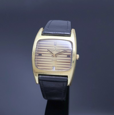 ETERNA-MATIC 2002 vergoldete Armbanduhr, Automatik, Schweiz um 1972, in sich gewölbtes, massives Stülpgeh., ausgefallenes, horizontal gestreiftes ...