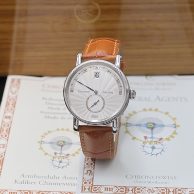 CHRONOSWISS Delphis Herrenarmbanduhr in Edelstahl Referenz CH 1423, Schweiz um 2000, Automatik, beids. vergl. Geh., Boden geschr., neutr. Lederband ...