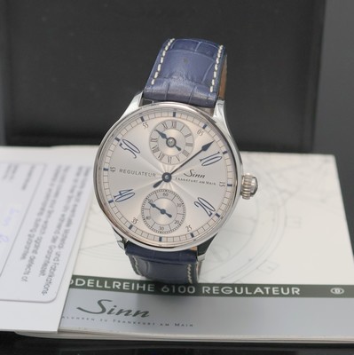 SINN Herrenarmbanduhr Regulateur Referenz 6100, Schweiz um 2011, beids. vergl. Edelstahlgeh. inkl. orig. Lederband m. dopp. Faltschl., Saphirgl., ...