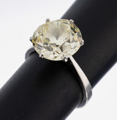 14 kt Gold Diamant-Ring, WG 585/000, Altschliffdiamant ca. 5.0 ct Getönt-Gelb/si, RW 51, ca. 3.8 g