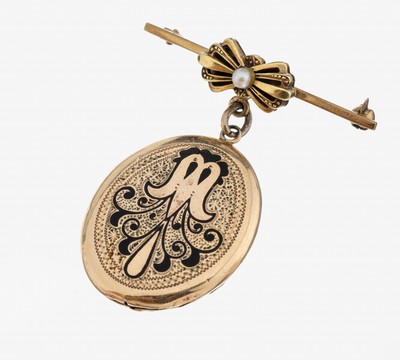 8 kt Gold Brosche mit Medaillon-Anhänger, GG 333/000, längliche Brosche mit aufgelegter stil. Schleife, kl. Zuchtperle, bewegl. abgehangenes ...