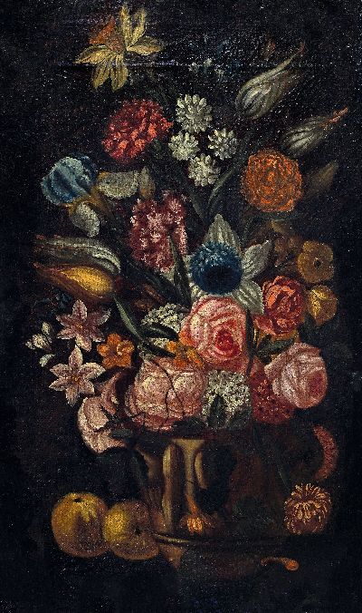 Nachfolge Andrea Scacciati, 1642-1710, 18.Jh. , Blumenstillleben, breite Varianz an Zierblumen, unsigniert, Öl/Lwd, restauriert, 75x45 cm, ...