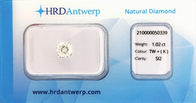 Loser Cushion Cut Diamant, 1.02 ct get.Weiß(K)/si2, eingeschweißt, mit HRD -Expertise
