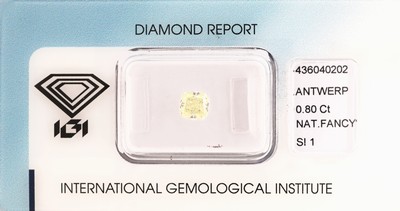 Loser Diamant, 0.80 ct natural fancy light yellow/si1, square cushion modified brilliant,eingeschweißt, mit IGI-Expertise