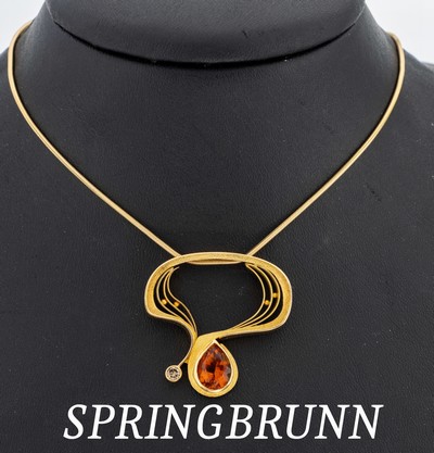 18 kt Gold Citrin-Brillant-Anhänger, GG 750/000, part. strukt., außergewöhnliche Gestaltung, facett. Citrin-Tropfen ca. 3.80 ct, Brillant ca. ...