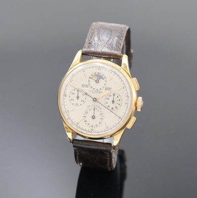 UNIVERSAL GENEVE Tri-Compax Schaltradchronograph mit Vollkalender in Roségold 750/000 Referenz 12552, Schweiz um 1945, Handaufzug, 3-tlg. Geh., ...