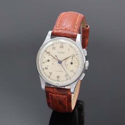 UNIVERSAL GENEVE Uni-Compax Schaltradchronograph Referenz 32413, Handaufzug, Schweiz um 1940, verchr. Geh., Glasrand und Edelstahlboden aufgedr., ...