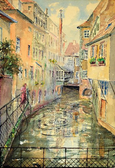 Eduard Opp, Maler aus Landau/Pfalz, Ansicht aus Landau, Aquarell auf Papier, rechts unten sign. und dat. 1954, ca. 49x 33cm, PP, u.Gl., R. ca. 68x53cm