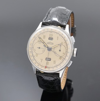 ANGELUS Schaltradchronograph Chronodato, Schweiz 1940er Jahre, Handaufzug, unsign. Edelstahlgeh., Boden und Glasrand aufgedr., vers. Zifferblatt ...