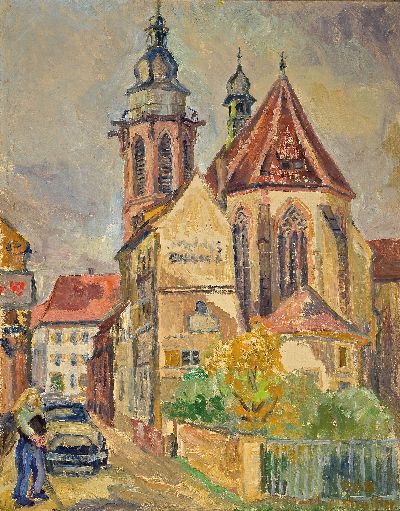 Marie Strieffler, 1917-1987 Landau, Blick auf die Stiftskirche in Landau, Öl/Lwd, rechts unten sign. und dat. 1968, ca. 75x60cm, R. ca. 85x70cm