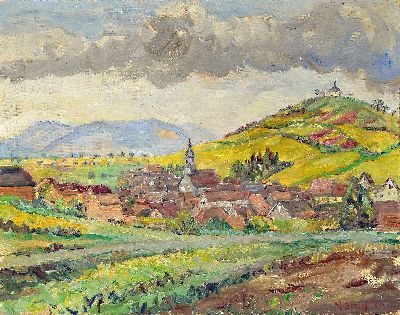 Marie Strieffler, 1917-1987 Landau, Blick auf die kleine Kalmit und Ilbesheim, Öl/Lwd, rechts unten sign., ca. 59x77cm, R. ca. 72x88cm
