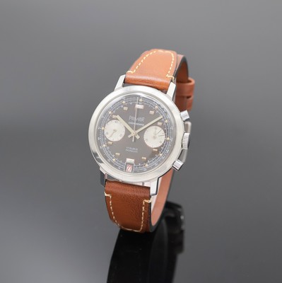 PROVHOR Armbandchronograph in Stahl, Schweiz um 1968, Handaufzug, Boden verschr., graues Zifferbl. m. aufges. Std.-Ind. altersbed. fl./pat., silb. ...