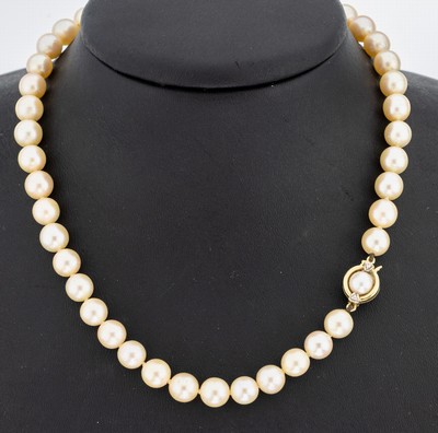 Zuchtperl-Collier mit 14 kt Gold Schließe, GG 585/000, 44 cremefarb. Akoyazuchtperlen, D.ca. 7.6 mm, L. ca. 37 cm, Schließe mit Goldreif und ...