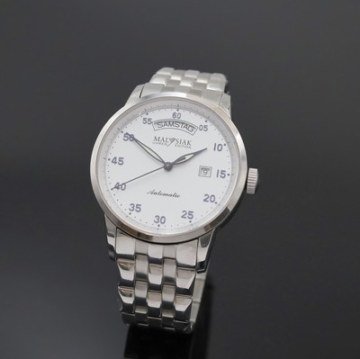 MALYSIAK Herrenarmbanduhr in Stahl, Schweiz/Deutschland um 2010, Automatik, beids. vergl. Geh. inkl. Gliederband m. dopp. Faltschl., silb. Zifferbl. ...