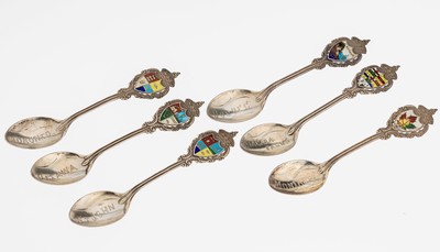 Set 6 Souvenir-Löffel, Kanada, 925er Silber, Stielabschlüsse mit Rocaillen und Krone, emaillierte Wappen, versch. Motive, Laffen mit grav. ...