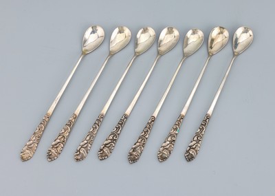 Set 7 Dessert-/Eislöffel, 500er Silber, schlichte Formsprache, Stielabschlüsse floral gestaltet, L. ca. 17.5 cm, ca. 130 g, gestempelt mit 800, ...