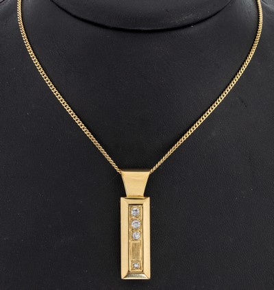 14 kt Gold Diamant-Anhänger, GG 585/000 part. sat., 3 Brillanten und 1 8/8-Diamant zus. ca. 0.28 ct Weiß/si-p, L. ca. 4 cm, ca. 12.7 g an Kette, ...