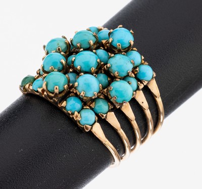 14 kt Gold Türkis-Ring, GG 585/000, 5 einzelne miteinander verbundene Ringschienen, Türkis-Cabochons in versch. Größen, RW 57, ca.6.0 g