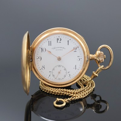 SUPRA Chronometer Savonette in RG 585/000 mit Kette in RG 375/000, Schweiz um 1910, guill. Sprung- u. Rückdeckel, Geh. dell., Metallcuvette, ...