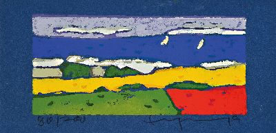 Klaus Fußmann, geb. 1938, Ostsee mit Segelschiffen, Farblinolschnitt auf blauem Papier, sign. und num. 80/200, ca. 8x17cm