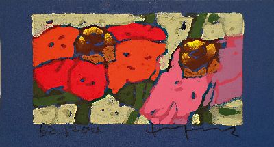 Klaus Fußmann, geb. 1938, rote und lila Rosen, Farblinolschnitt auf blauem Papier, sign. und num. 62/200, ca. 7.5x13.5cm