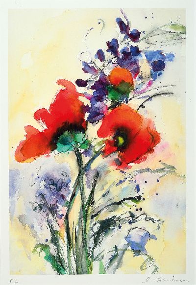 Christine Kremkau, geb. 1941, Klatschmohn und Kornblumen, handkolorierte Grafik, sign. und bez.: e.a., ca. 59x39cm, PP, u.Gl., R. ca. 80x60cm