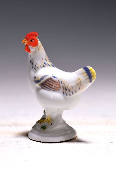Miniatur Porzellanfigur, Meissen, 20. Jh., Hahn, bunt bemalt, H. ca. 7cm