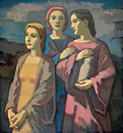 Hans List, 1902 Berlin-1977 Altötting, "Drei Frauen", so auf Künstleretikett bez., neusachlich-heroischer Duktus, rechts unten signiert, ...